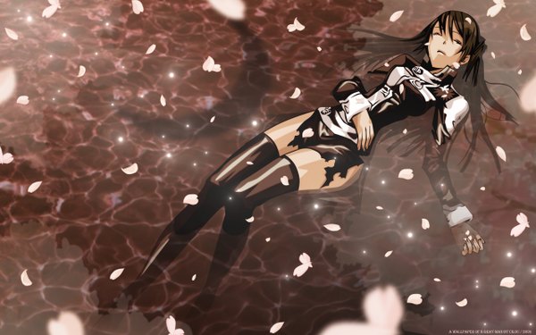 Anime picture 2560x1600 with d.gray-man lenalee lee single long hair highres black hair wide image eyes closed torn clothes girl thighhighs black thighhighs petals water moon