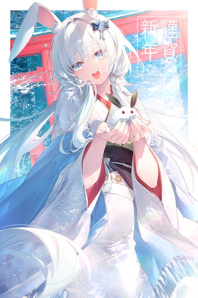 Anime picture 868x1305 with original toosaka asagi single tall image looking at viewer fringe open mouth blue eyes smile standing twintails holding animal ears white hair blunt bangs very long hair nail polish traditional clothes head tilt :d