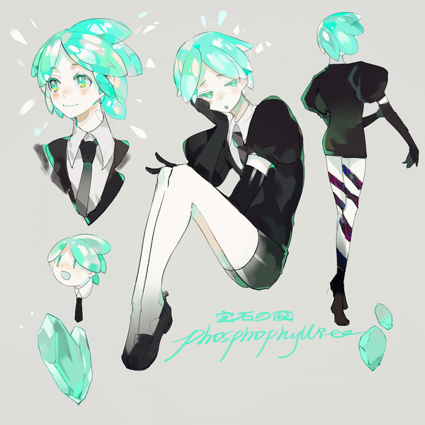 Anime picture 1200x1200 with houseki no kuni phosphophyllite emera blush short hair simple background looking away aqua eyes aqua hair grey background puffy sleeves character names head rest androgynous multiple persona spoilers gloves black gloves necktie elbow gloves