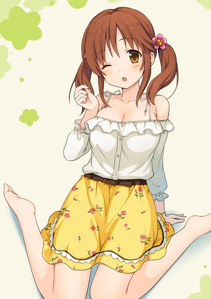 Anime picture 595x842 with idolmaster idolmaster cinderella girls totoki airi nekota chihiro single long hair tall image looking at viewer blush open mouth brown hair sitting twintails bare shoulders cleavage one eye closed barefoot floral print wariza zettai tokken shuchou shimasuu!