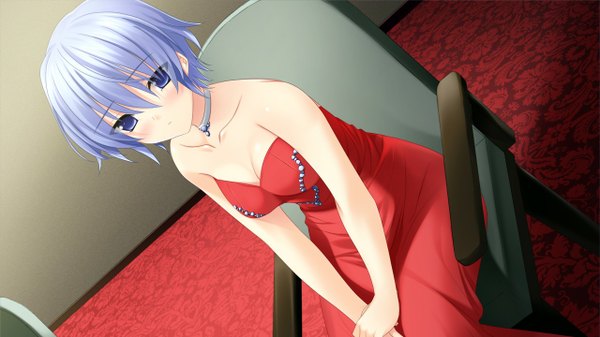Anime picture 1280x720 with morobito kozorite (game) short hair blue eyes wide image blue hair game cg girl dress