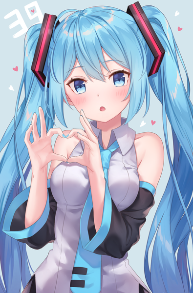 Anime picture 1500x2279 with vocaloid hatsune miku jimmy madomagi single long hair tall image looking at viewer blush fringe breasts open mouth blue eyes simple background hair between eyes standing twintails bare shoulders payot upper body ahoge