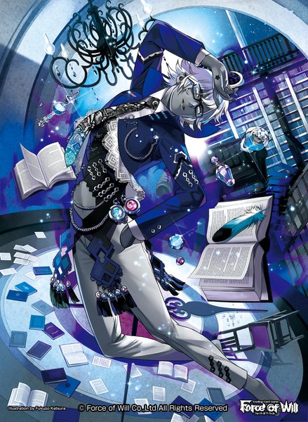 Anime picture 730x997 with force of will fukuzou single tall image short hair full body ahoge bent knee (knees) white hair indoors arm up official art copyright name arched back weightlessness white eyes grey skin boy glasses necktie