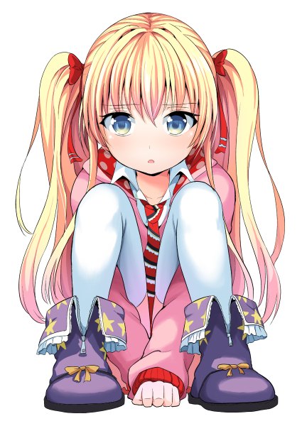 Anime picture 850x1200 with original nishigori atsushi single long hair tall image looking at viewer blush fringe open mouth blue eyes blonde hair simple background sitting twintails pink background open collar girl thighhighs white thighhighs necktie