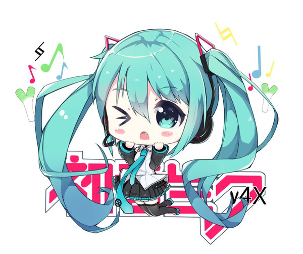 Anime picture 1238x1037 with vocaloid hatsune miku namuya (pixiv5584775) single blush fringe open mouth simple background hair between eyes white background twintails looking away full body very long hair pleated skirt one eye closed aqua eyes aqua hair fang (fangs) zettai ryouiki