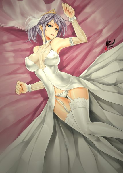 Anime-Bild 1000x1401 mit league of legends riven (league of legends) caooll (co-ohol) single tall image looking at viewer short hair breasts blue eyes light erotic grey hair armpit (armpits) girl thighhighs dress underwear panties white thighhighs garter straps garter (garters)
