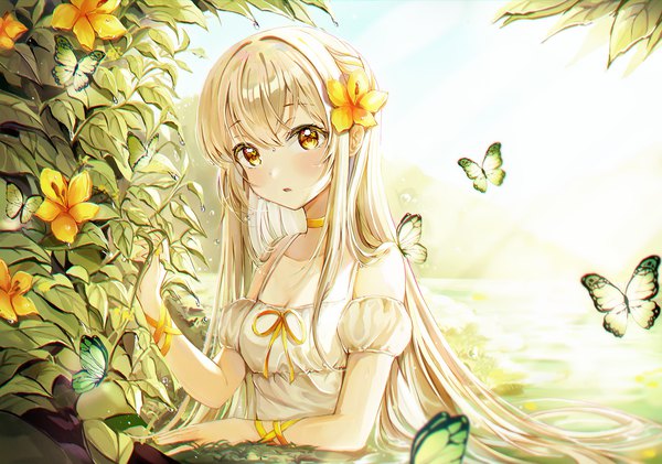Anime picture 2000x1404 with original ssum (ehf dustk) single long hair looking at viewer blush fringe highres open mouth bare shoulders yellow eyes upper body outdoors white hair hair flower sunlight wet partially submerged anaglyph hair over shoulder
