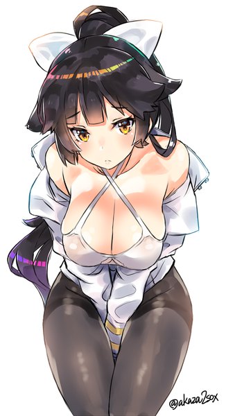 Anime picture 653x1200 with azur lane takao (azur lane) akaza single long hair tall image looking at viewer blush fringe breasts light erotic black hair simple background hair between eyes large breasts white background sitting bare shoulders signed yellow eyes