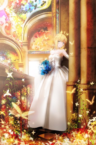 Anime picture 3143x4739 with fate (series) fate/stay night type-moon artoria pendragon (all) saber magicians (zhkahogigzkh) single tall image looking at viewer blush highres short hair blonde hair bare shoulders green eyes absurdres ahoge braid (braids) girl gloves
