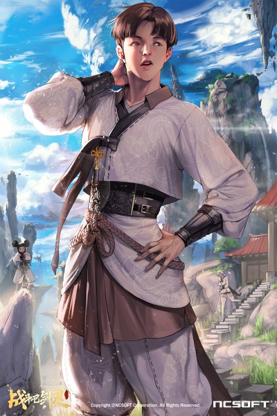 Anime picture 1600x2400 with blade & soul nightmadness tall image short hair open mouth brown hair standing brown eyes looking away sky cloud (clouds) outdoors long sleeves traditional clothes arm up copyright name hand on hip solo focus mountain ambiguous gender