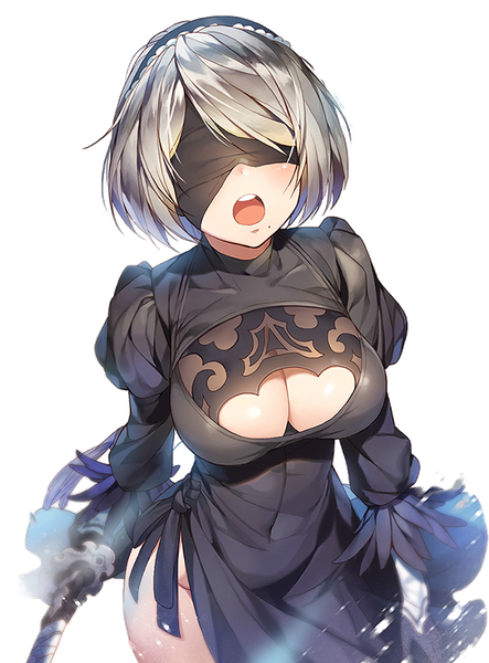Anime picture 650x880 with nier nier:automata yorha no. 2 type b kakiman (artist) single tall image short hair breasts open mouth light erotic simple background large breasts from above grey hair mole puffy sleeves covered navel side slit mole under mouth blindfold