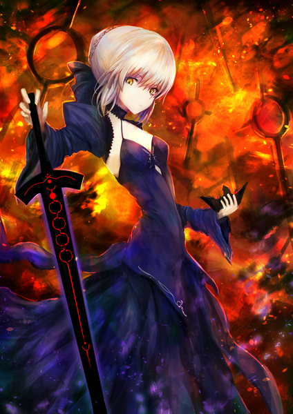 Anime picture 1157x1637 with fate (series) fate/grand order fate/stay night artoria pendragon (all) saber saber alter kaze minoru so-ru single tall image looking at viewer fringe hair between eyes standing holding yellow eyes payot cleavage braid (braids) long sleeves wide sleeves