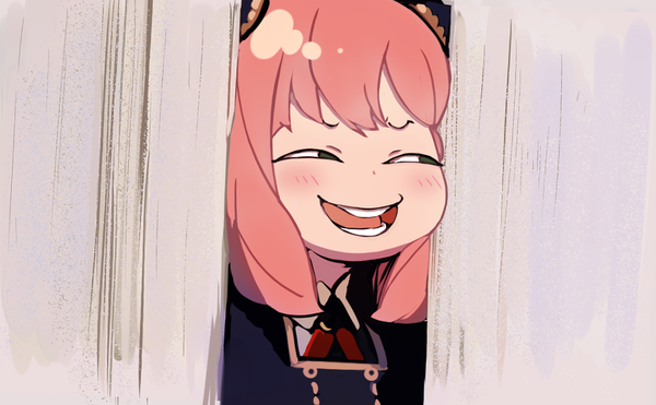 Anime picture 1080x667 with spy x family the shining anya (spy x family) higemu single blush short hair open mouth smile wide image looking away pink hair upper body :d teeth meme peeking anya's heh face (meme) here's johnny! (meme) girl