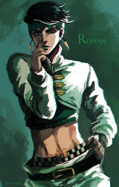 Anime picture 900x1410 with jojo no kimyou na bouken kishibe rohan rin2010 single tall image short hair black hair simple background green eyes signed looking away nail polish inscription bare belly character names hand on hip lipstick boy earrings belt