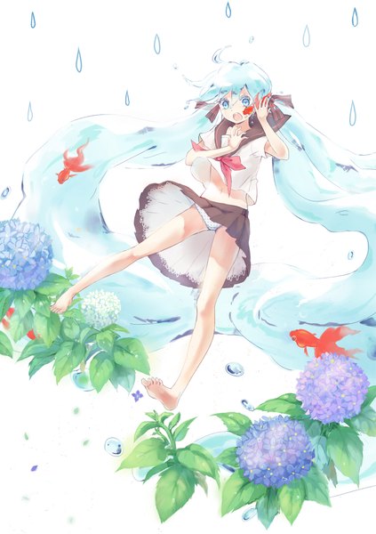 Anime picture 1410x2000 with vocaloid hatsune miku bottle miku hahahamu single tall image blue eyes light erotic simple background twintails blue hair ahoge very long hair pleated skirt barefoot fingernails bare belly short sleeves midriff pantyshot