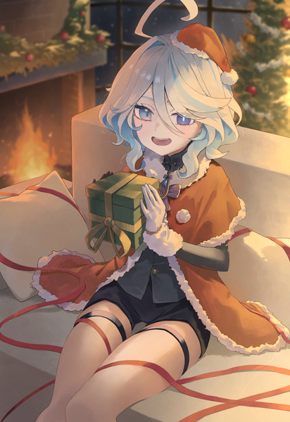 Anime picture 1335x1943 with genshin impact furina (genshin impact) houki suisei single tall image looking at viewer fringe short hair open mouth blue eyes hair between eyes sitting holding silver hair ahoge indoors :d heterochromia christmas girl