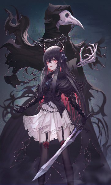 Anime picture 3000x4954 with original domi (hyaku8795) long hair tall image looking at viewer blush fringe highres open mouth black hair hair between eyes red eyes standing holding payot horn (horns) skeleton plague doctor girl thighhighs