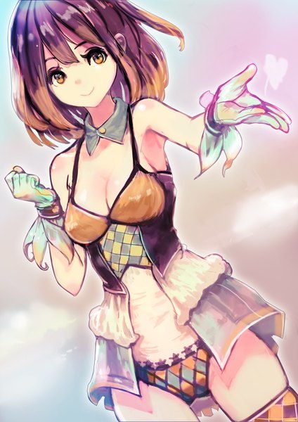 Anime picture 2480x3508 with original okuto single tall image looking at viewer fringe highres short hair breasts light erotic simple background smile standing bare shoulders outdoors armpit (armpits) orange eyes one side up gradient hair outstretched hand