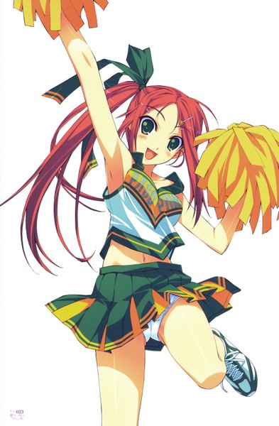 Anime picture 4571x6980 with original murakami suigun single long hair tall image looking at viewer blush fringe highres open mouth light erotic simple background white background green eyes absurdres ponytail red hair scan arms up midriff