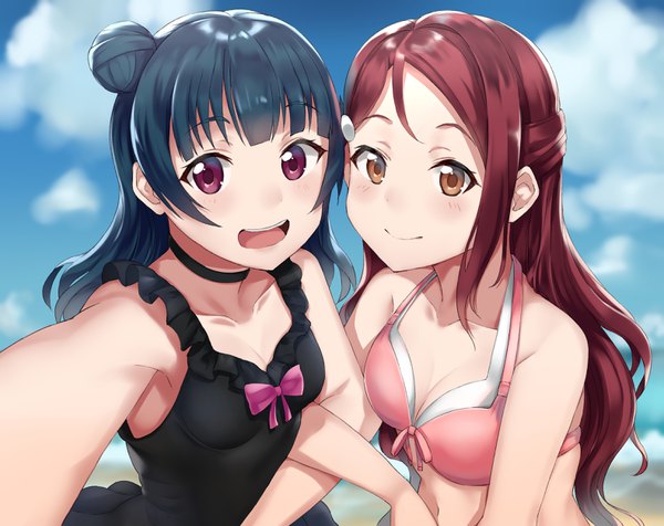 Anime picture 3157x2508 with love live! sunshine!! sunrise (studio) love live! sakurauchi riko qwyte long hair looking at viewer blush fringe highres breasts open mouth light erotic smile purple eyes bare shoulders multiple girls brown eyes blue hair absurdres