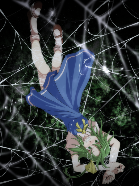 Anime picture 1500x2000 with touhou daiyousei s-syogo single long hair tall image blush open mouth green eyes green hair tears one side up bondage girl dress spider web