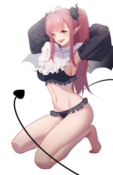 Anime picture 2278x3522 with sono bisque doll wa koi wo suru cloverworks kitagawa marin rizu-kyun j fang single long hair tall image highres open mouth light erotic simple background white background green eyes looking away full body red hair tail :d horn (horns)