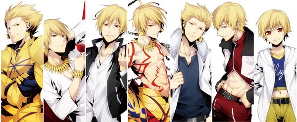 Anime picture 1950x800 with fate (series) fate/zero type-moon gilgamesh (fate) xia (ryugo) looking at viewer highres short hair simple background blonde hair red eyes wide image white background topless crossed arms multiview open collar muscle multiple persona column lineup