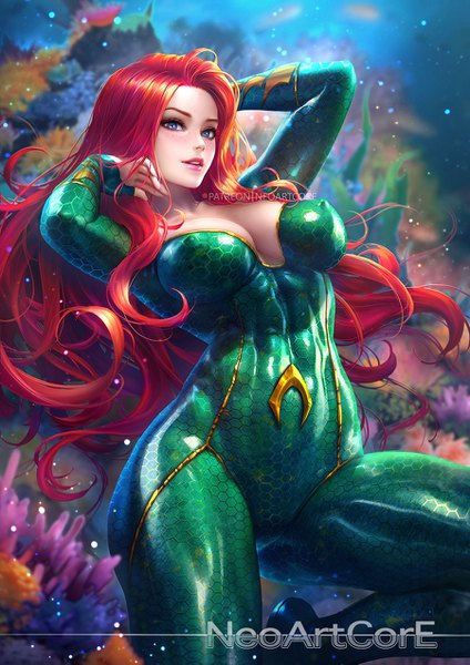 Anime picture 900x1273 with dc comics mera (dc) nudtawut thongmai single long hair tall image looking at viewer blush breasts blue eyes light erotic large breasts signed cleavage bent knee (knees) red hair realistic arms up lipstick adjusting hair