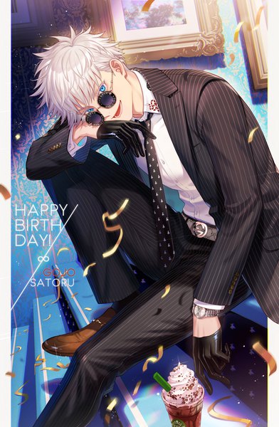 Anime picture 980x1500 with jujutsu kaisen mappa gucci gojou satoru michi (iawei) single tall image looking at viewer short hair open mouth blue eyes sitting silver hair head tilt :d character names happy birthday formal pillarboxed boy