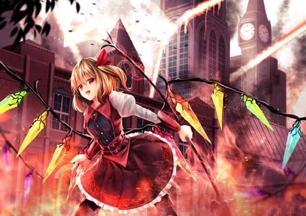 Anime picture 1604x1136 with touhou flandre scarlet sinkai single long hair looking at viewer fringe open mouth blonde hair smile red eyes holding long sleeves :d leaning alternate costume leaning forward puffy sleeves no hat burning