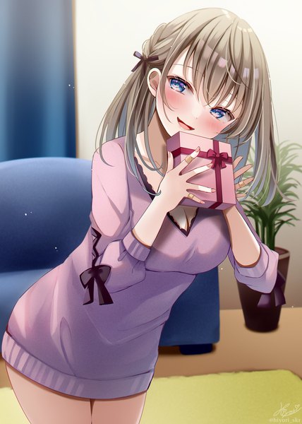 Anime picture 776x1088 with original sakura hiyori single long hair tall image blush open mouth blue eyes brown hair signed cleavage indoors :d leaning leaning forward valentine bandaid on hand girl dress plant (plants)