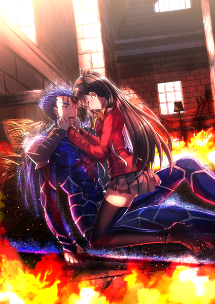 Anime picture 1102x1560 with fate (series) fate/stay night type-moon toosaka rin cu chulainn (fate) cu chulainn (fate/stay night) swordsouls long hair tall image open mouth black hair red eyes blue hair eyes closed girl thighhighs boy skirt black thighhighs miniskirt