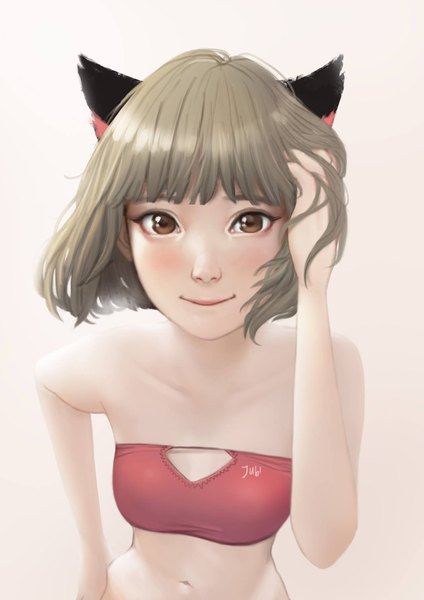 Anime picture 1447x2048 with original hana (jubi) jubi (regiana) single tall image looking at viewer short hair light erotic smile brown hair brown eyes signed animal ears upper body wind cat ears realistic hand on hip adjusting hair pink background
