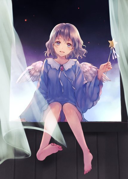 Anime picture 2590x3624 with original fukahire (ruinon) single tall image blush highres short hair open mouth blue eyes smile holding sky full body barefoot grey hair night night sky wavy hair angel wings girl