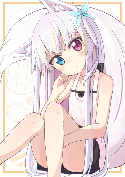 Anime picture 1662x2347 with original okota mikan single long hair tall image looking at viewer blue eyes sitting bare shoulders animal ears tail head tilt animal tail pink eyes fox ears heterochromia fox tail fox girl flat chest lolicon