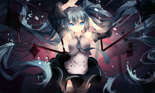 Anime picture 1200x721 with vocaloid hatsune miku shouen kigashi single looking at viewer blue eyes wide image twintails blue hair very long hair girl thighhighs skirt hair ornament necktie