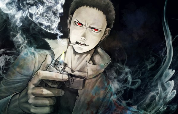 Anime picture 1400x900 with one-punch man madhouse zombie-man ujuju single looking at viewer short hair black hair red eyes dark background smoke smoking frown boy jacket cigarette lighter