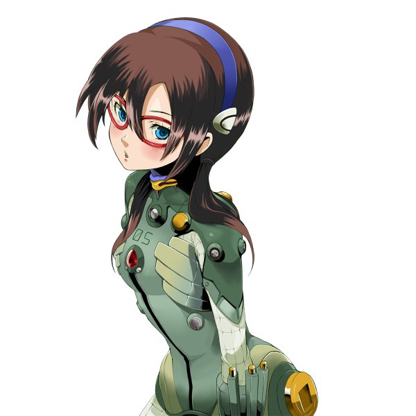 Anime picture 1200x1200 with neon genesis evangelion rebuild of evangelion evangelion: 2.0 you can (not) advance gainax makinami mari illustrious single long hair blush open mouth blue eyes simple background brown hair white background girl glasses hairband bodysuit