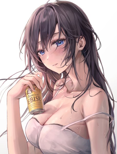 Anime picture 2201x2898 with original yebisu aibek single long hair tall image looking at viewer blush fringe highres breasts blue eyes light erotic black hair simple background hair between eyes large breasts white background holding cleavage