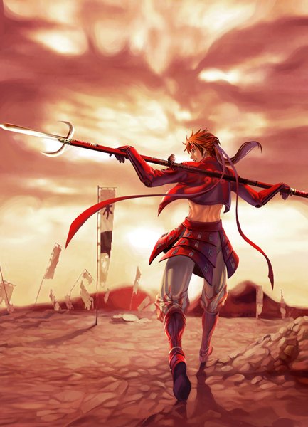 Anime picture 1335x1848 with sengoku basara production i.g sanada yukimura shitsu soku k single long hair tall image highres smile brown hair ponytail from behind back torn flag boy gloves ribbon (ribbons) weapon jacket armor