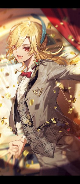 Anime picture 1920x4400 with genshin impact kaveh (genshin impact) urashima (hidoro mgmg) single long hair tall image highres open mouth blonde hair red eyes signed looking away :d alternate costume twitter username boy earrings bowtie feather (feathers) brooch