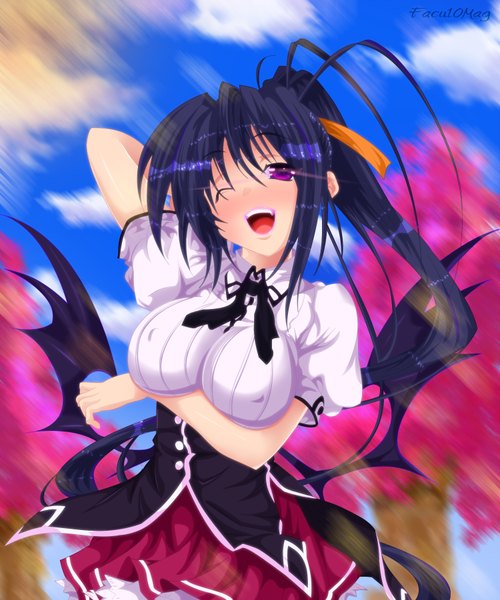 Anime picture 1500x1802 with highschool dxd himejima akeno facu10mag single long hair tall image open mouth light erotic black hair smile purple eyes sky cloud (clouds) ponytail one eye closed wink coloring cherry blossoms demon wings girl