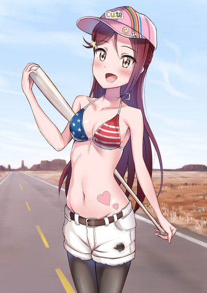 Anime picture 708x1000 with love live! sunshine!! sunrise (studio) love live! sakurauchi riko aranami shibuki single long hair tall image looking at viewer blush fringe breasts open mouth light erotic smile hair between eyes standing bare shoulders holding sky