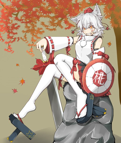 Anime picture 1054x1240 with touhou inubashiri momiji cube85 single tall image short hair smile animal ears white hair orange eyes legs girl thighhighs bow weapon plant (plants) hat detached sleeves white thighhighs sword