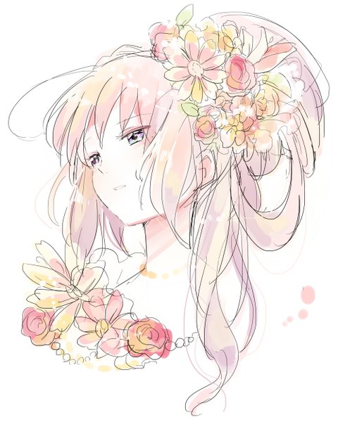 Anime picture 1000x1250 with original umiko (munemiu) single long hair tall image fringe simple background white background purple eyes looking away pink hair ahoge hair flower portrait sketch girl hair ornament flower (flowers)