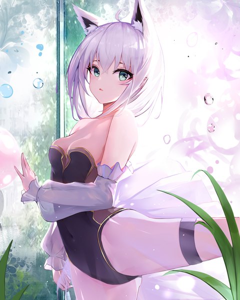 Anime picture 1886x2356 with virtual youtuber hololive shirakami fubuki cticket single tall image looking at viewer blush fringe highres short hair breasts open mouth light erotic hair between eyes standing animal ears payot silver hair ahoge