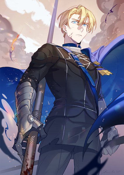Anime picture 700x988 with fire emblem fire emblem: three houses nintendo dimitri alexandre blaiddyd vgmondo single tall image fringe short hair blue eyes blonde hair hair between eyes standing holding looking down serious bloody weapon boy uniform weapon