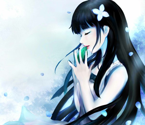 Anime picture 1100x950 with sankarea studio deen sanka rea zhang xiao bo single long hair fringe black hair eyes closed profile hair flower lips pale skin alternate color girl hair ornament flower (flowers) petals