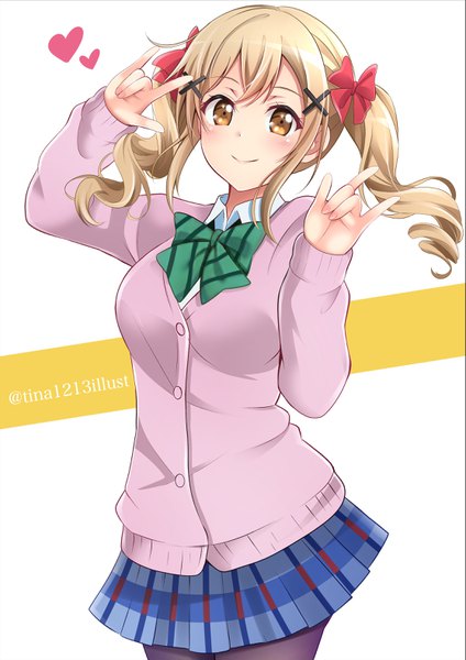 Anime picture 2229x3152 with love live! school idol project bang dream! sunrise (studio) love live! yazawa nico ichigaya arisa tina (pixiv37050289) single long hair tall image looking at viewer blush fringe highres breasts simple background blonde hair smile hair between eyes large breasts