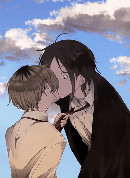 Anime picture 752x1025 with original zabeo0125 tall image fringe short hair black hair brown hair standing payot looking away sky cloud (clouds) ahoge outdoors from behind black eyes multiple boys leaning leaning forward kiss